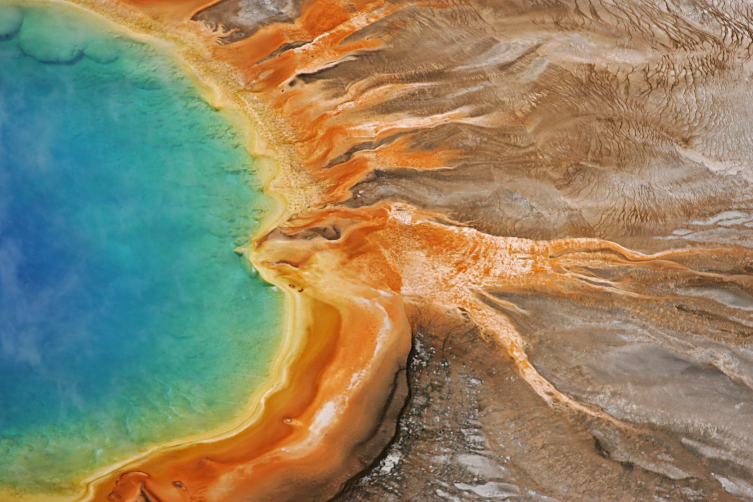 A close view of Grand Prismatic Spring. Deep blue water at the left grades through turquoise and green to a band of yellow and orange microbial mat, which fans outward in rust-coloured streaks across pale grey mineral crust.